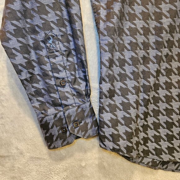 BUGATCHI dress shirt Mens L chest 44 geometric blue black shaped fit flip cuff - Picture 14 of 16